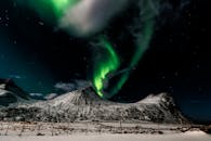 挪威罗弗敦的雪山上空，北极光空灵地照亮了星空