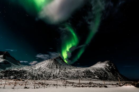 挪威罗弗敦的雪山上空，北极光空灵地照亮了星空
