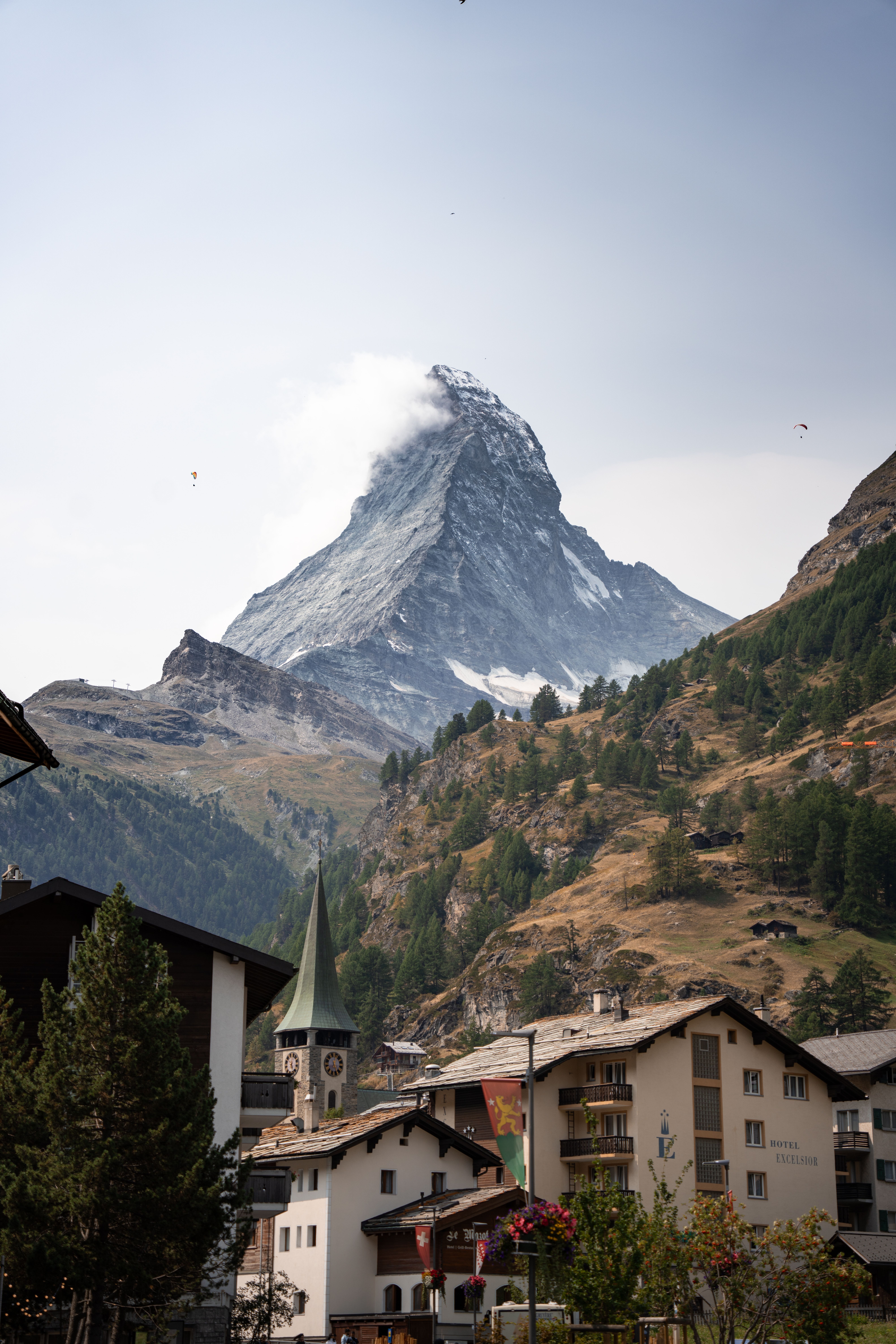 Stunning view of the Matterhorn towering over the village of Zermatt, Switzerland.