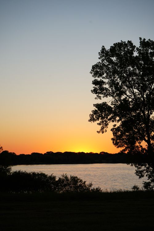 Free Serene sunset over a lake with a silhouetted tree and vibrant sky colors. Stock Photo