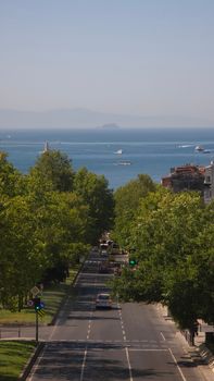 Scenic view of a city street leading to the ocean, lined with lush trees on a bright day.