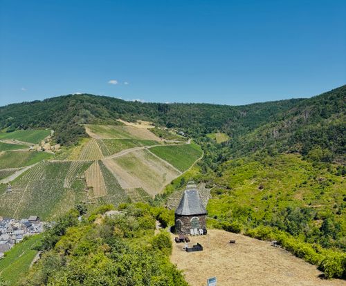 Free Aerial view of lush vineyards and a historic tower in Bernkastel-Kues, Germany under a clear blue sky. Stock Photo