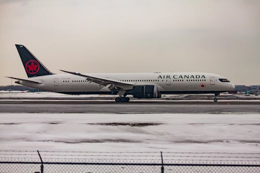 Air Canada jet taking off from a snowy runway, showcasing modern aviation travel in winter.