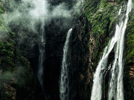 Breathtaking view of Jog Falls enveloped in mist in Karnataka, India