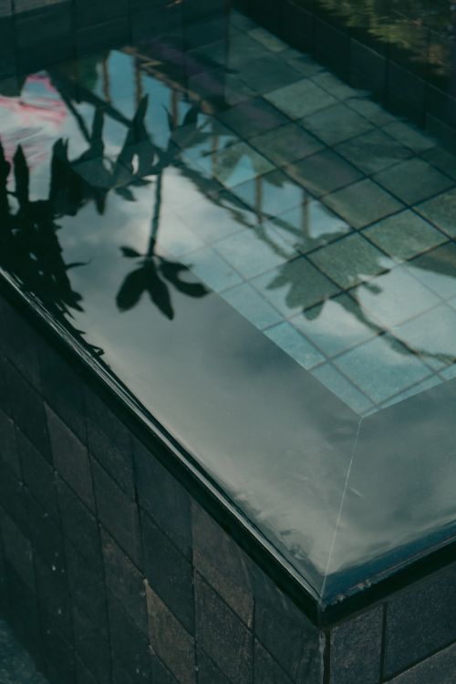Free A serene water pool reflecting palm tree silhouettes and a tiled pattern, captured in soft light. Stock Photo