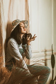 A trendy young woman in casual fashion relaxes inside, embodying serene lifestyle.