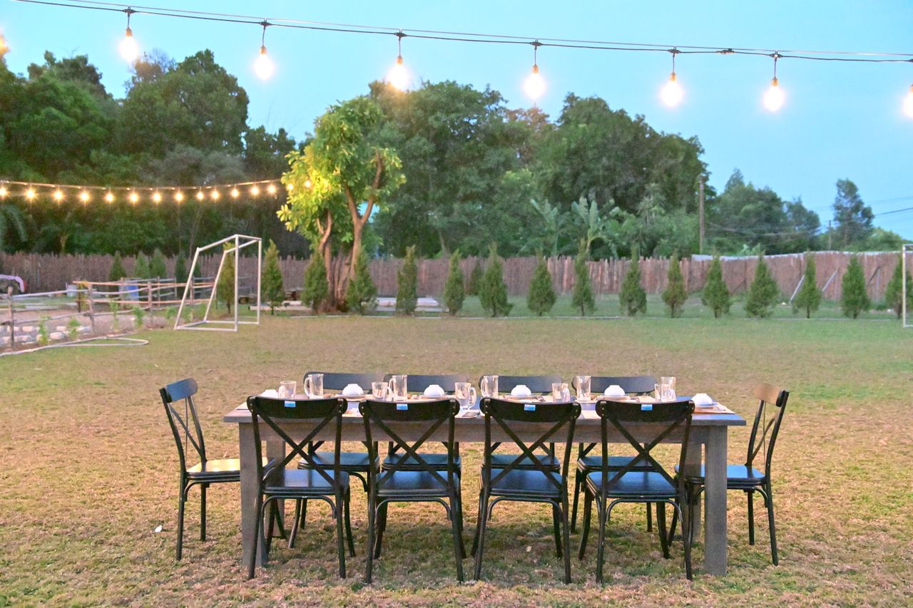 A backyard table set under string lights