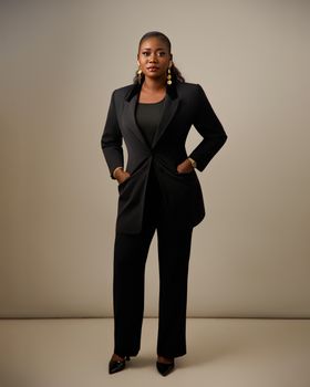 Confident woman in elegant black suit posing against neutral background.
