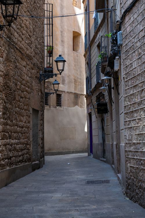 Free Quiet alley in Barcelona's Gothic Quarter showcasing historic architecture. Stock Photo