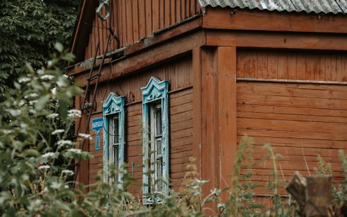 Free A charming wooden house with blue windows surrounded by lush vegetation. Stock Photo