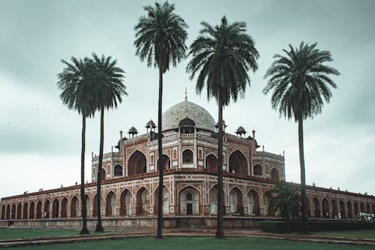 美丽的花园保持着良好的低角度，园内有棕榈树和位于德里的胡马云墓等古老建筑