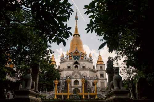 Free Serene view of the iconic Buu Long Pagoda with lush greenery surrounding it in Ho Chi Minh City, Vietnam. Stock Photo