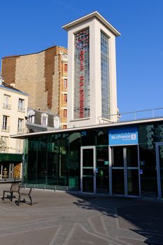 View of the modern entrance to Bois-Colombes station in Île-de-France, France.