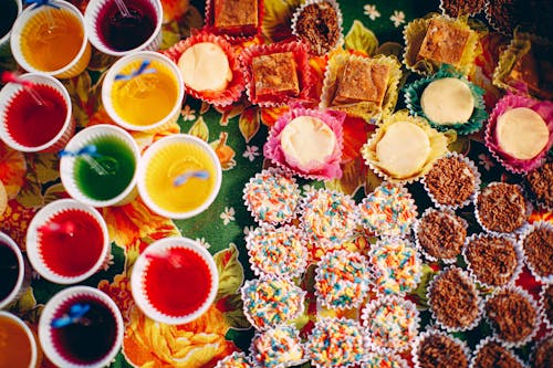 Various tasty desserts placed on table