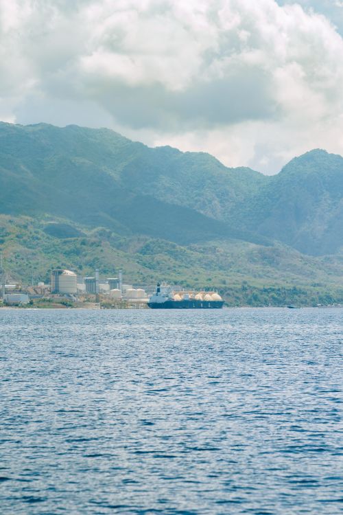 Free A cargo ship sails near a mountainous coastline and city skyline on a clear day. Stock Photo