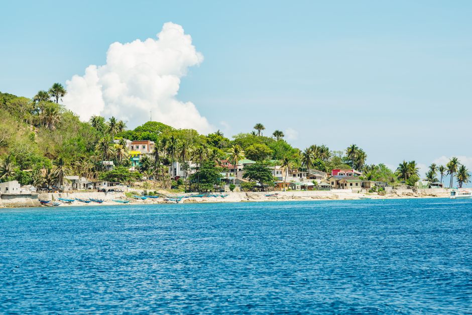 Picturesque coastal village with palm trees along a tropical beach under a bright summer sky.