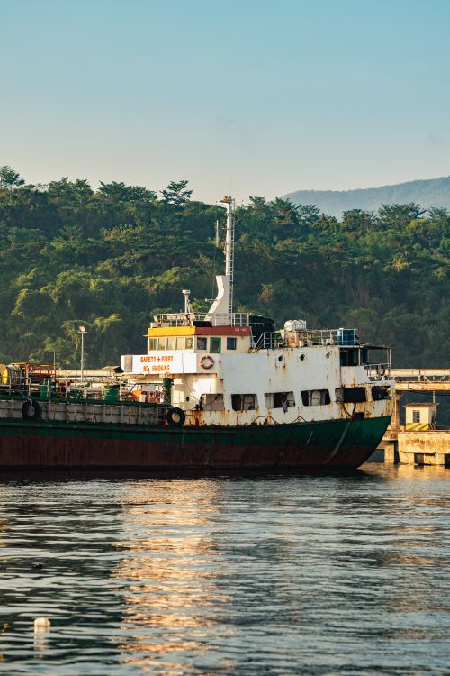 Free A vintage cargo ship anchored at a peaceful harbor with lush forested hills in the background. Stock Photo