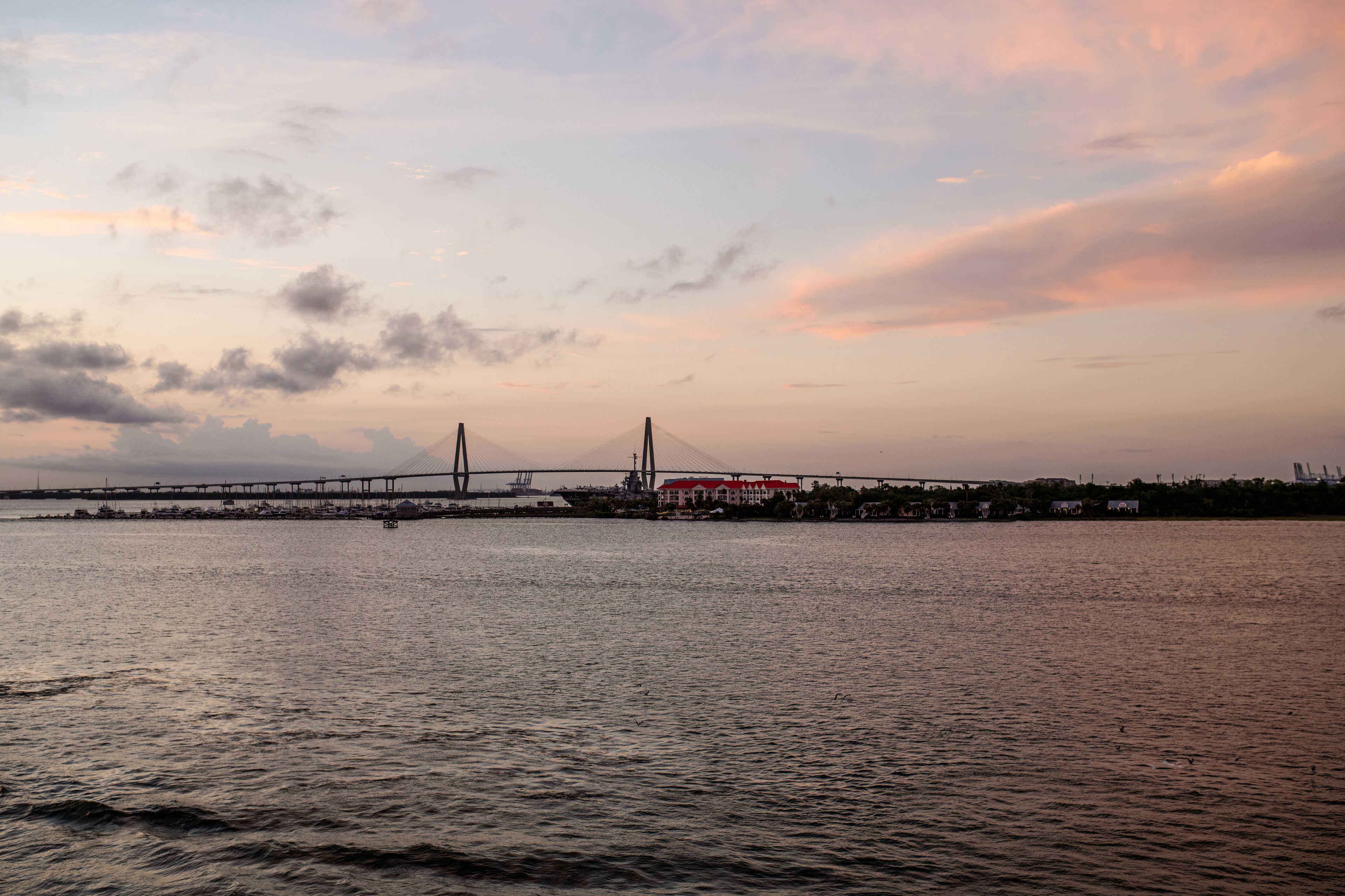 South Carolina: Charleston Harbor and the Ravenel Bridge at sunset