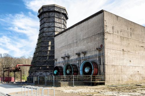 Free View of the historic industrial architecture at Zeche Zollverein in Essen, Germany. Stock Photo