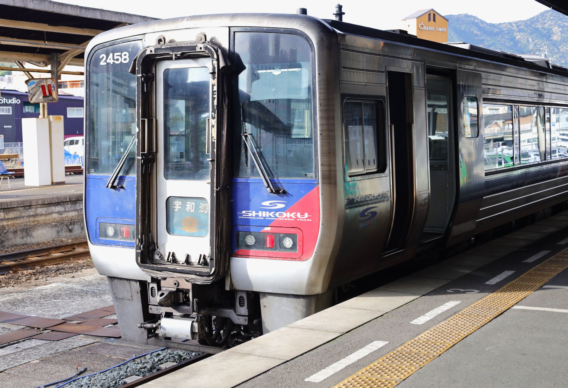 N2000 series train at Uwajima Station, Ehime, Japan, operated by JR Shikoku.
