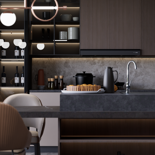 Free Elegant modern kitchen with marble countertop and ambient lighting in Indonesia. Stock Photo