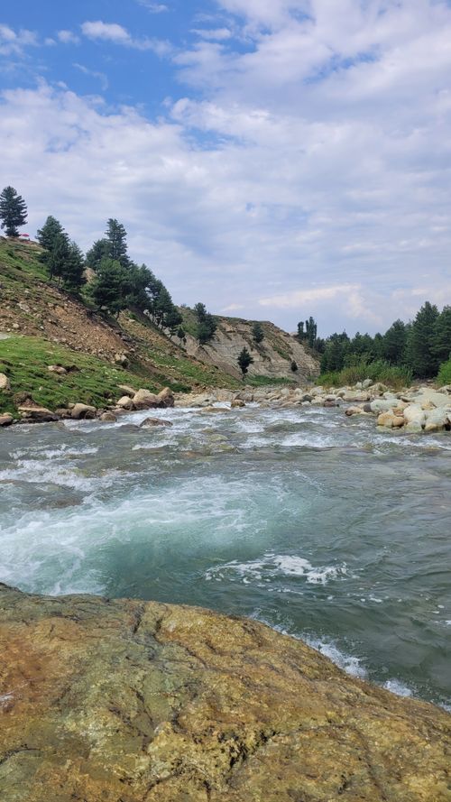 Free A picturesque mountain river flows through lush greenery and rocky terrain in Gulmarg. Stock Photo