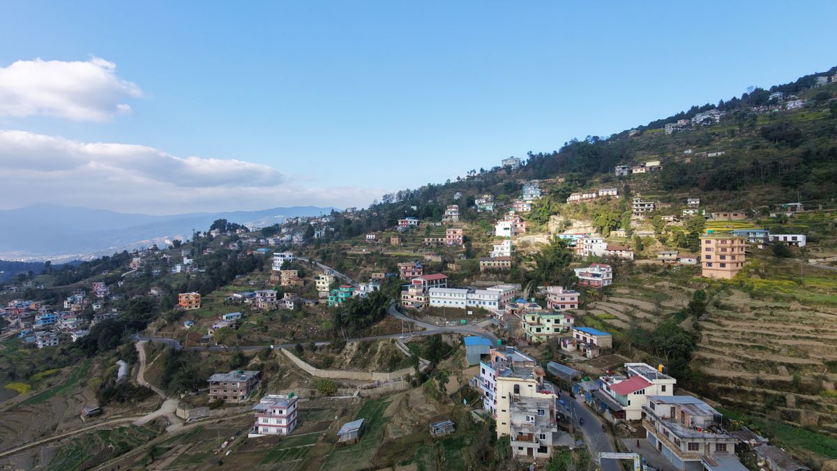 Aerial view of terraced hillside village at Nagarkot