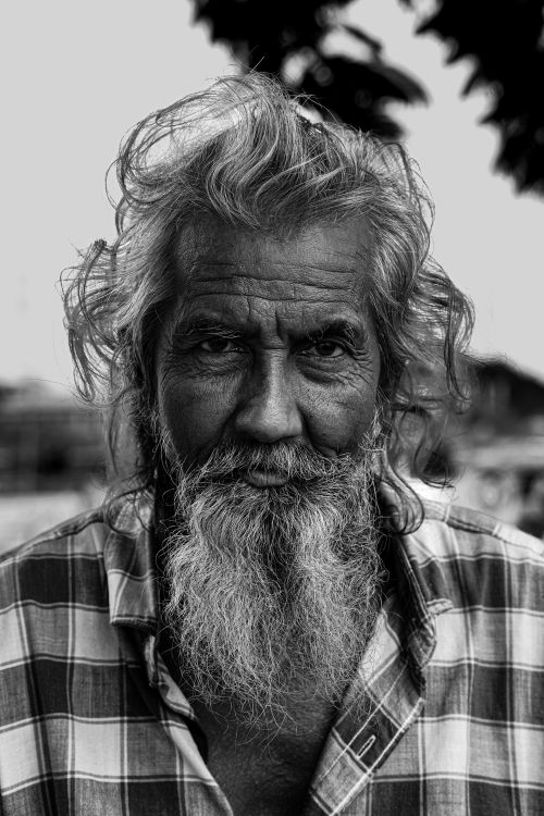 Free Black and white portrait of an elderly man with a long beard in an outdoor setting. Stock Photo