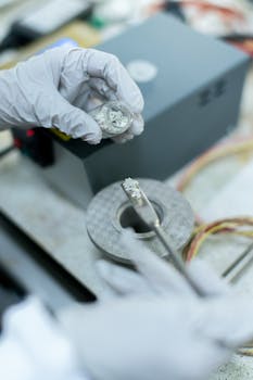 Close-up of a scientist handling metal samples in a laboratory experiment with precision tools.