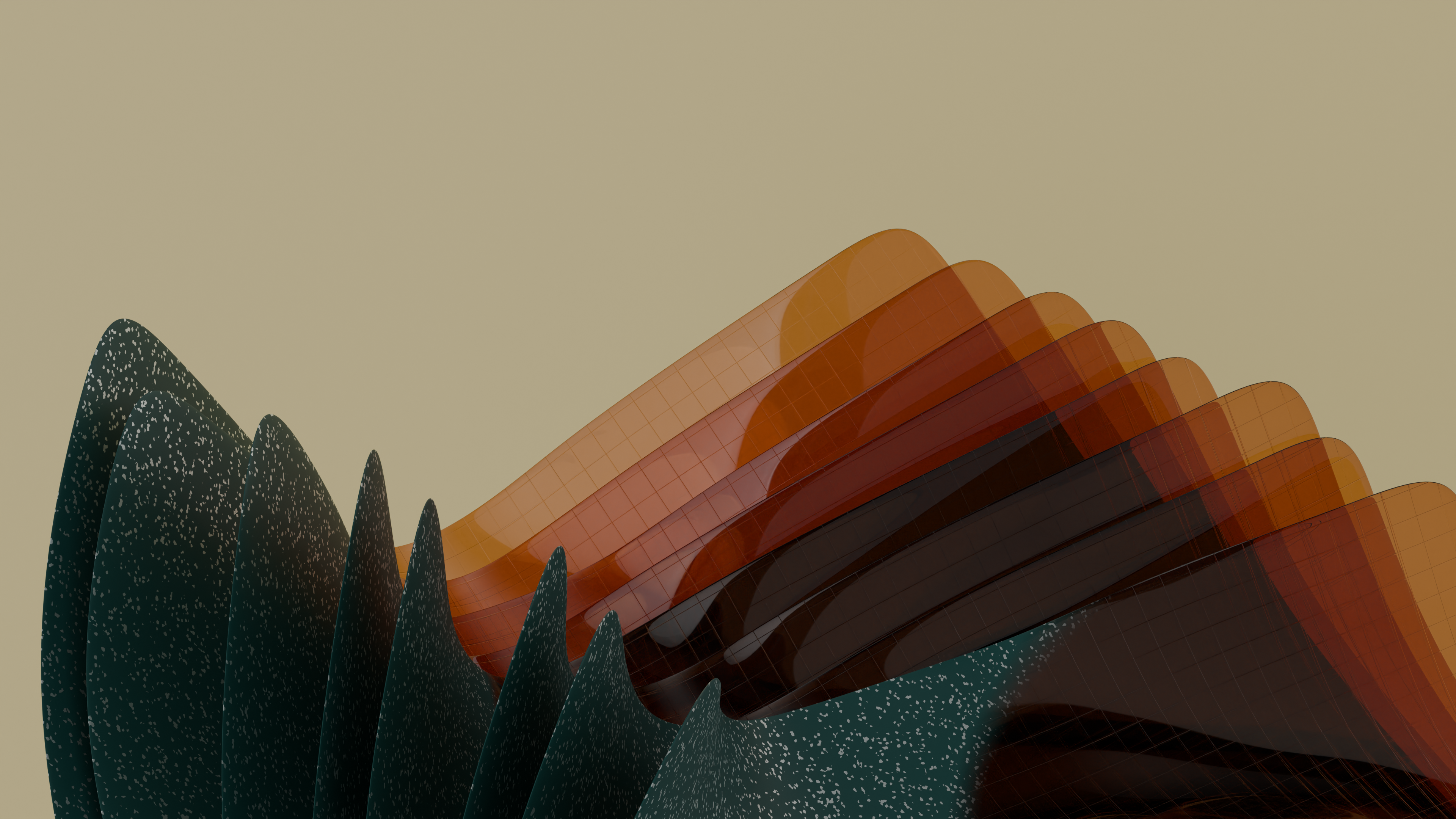 Dynamic abstract design featuring layered geometric shapes in earthy browns and greens.