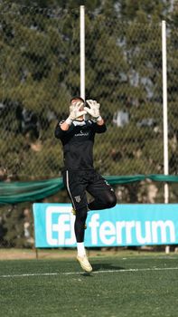 Goalkeeper in action during a training session on a sunny day outdoors.