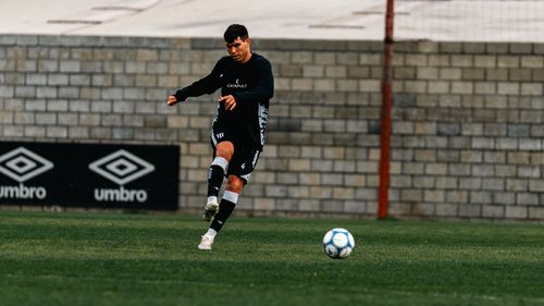 Free A young male soccer player practicing on a grass field, focusing on a precise kick. Stock Photo