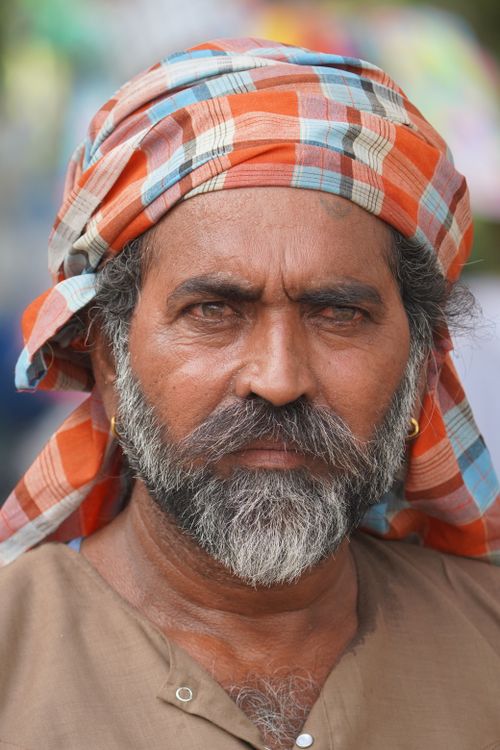Free Close-up portrait of a mature man with beard in a vibrant turban. Authentic and expressive. Stock Photo
