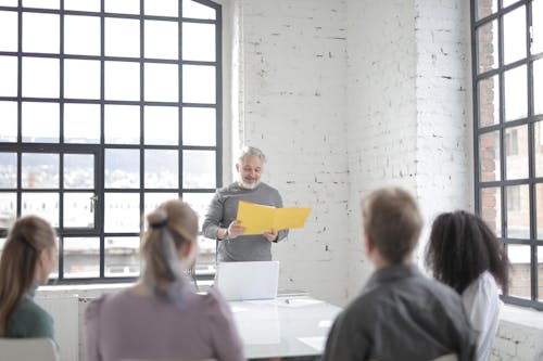 Senior gray haired bearded male coach presenting ideas at diverse group meeting in modern office