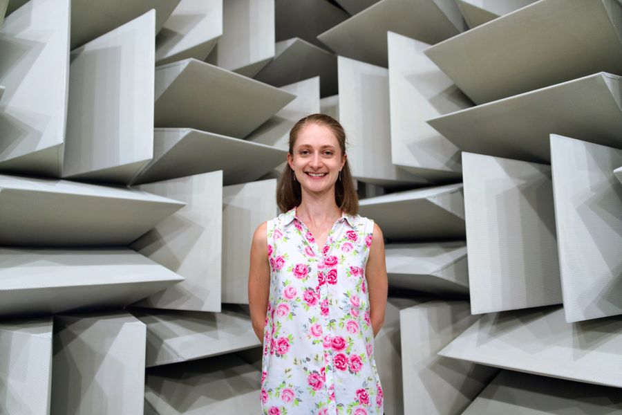 Person standing in a wedge-lined chamber
