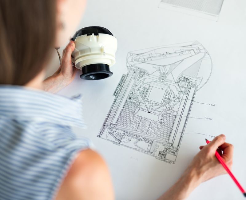 Diseñador trabajando en un prototipo de producto en un entorno moderno