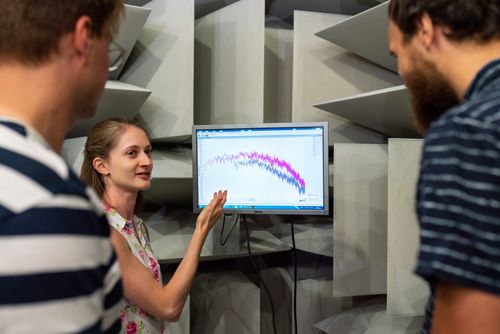Engineers reviewing sound wave analysis on a monitor