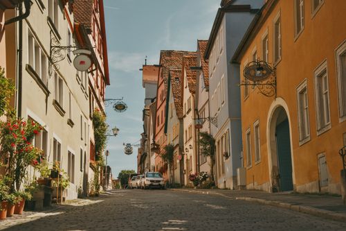 Free Quaint street with colorful old town architecture in Germany's historic area. Stock Photo
