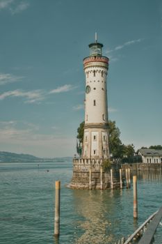 The iconic Lindau Lighthouse stands majestically on Lake Constance, Bavaria, Germany.