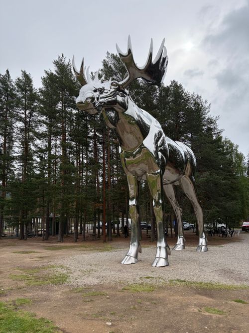Free A striking polished metal moose statue stands tall in a serene Norwegian forest setting. Stock Photo