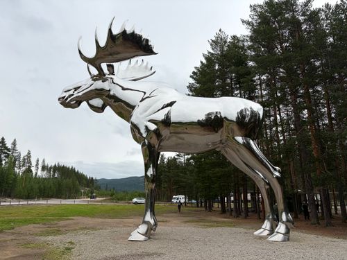 Free Giant reflective elk sculpture in Norwegian forest with surrounding trees and cloudy sky. Stock Photo