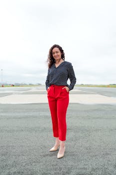 一位时尚女性的全身肖像，她身穿红色裤子和圆点衬衫，身处户外