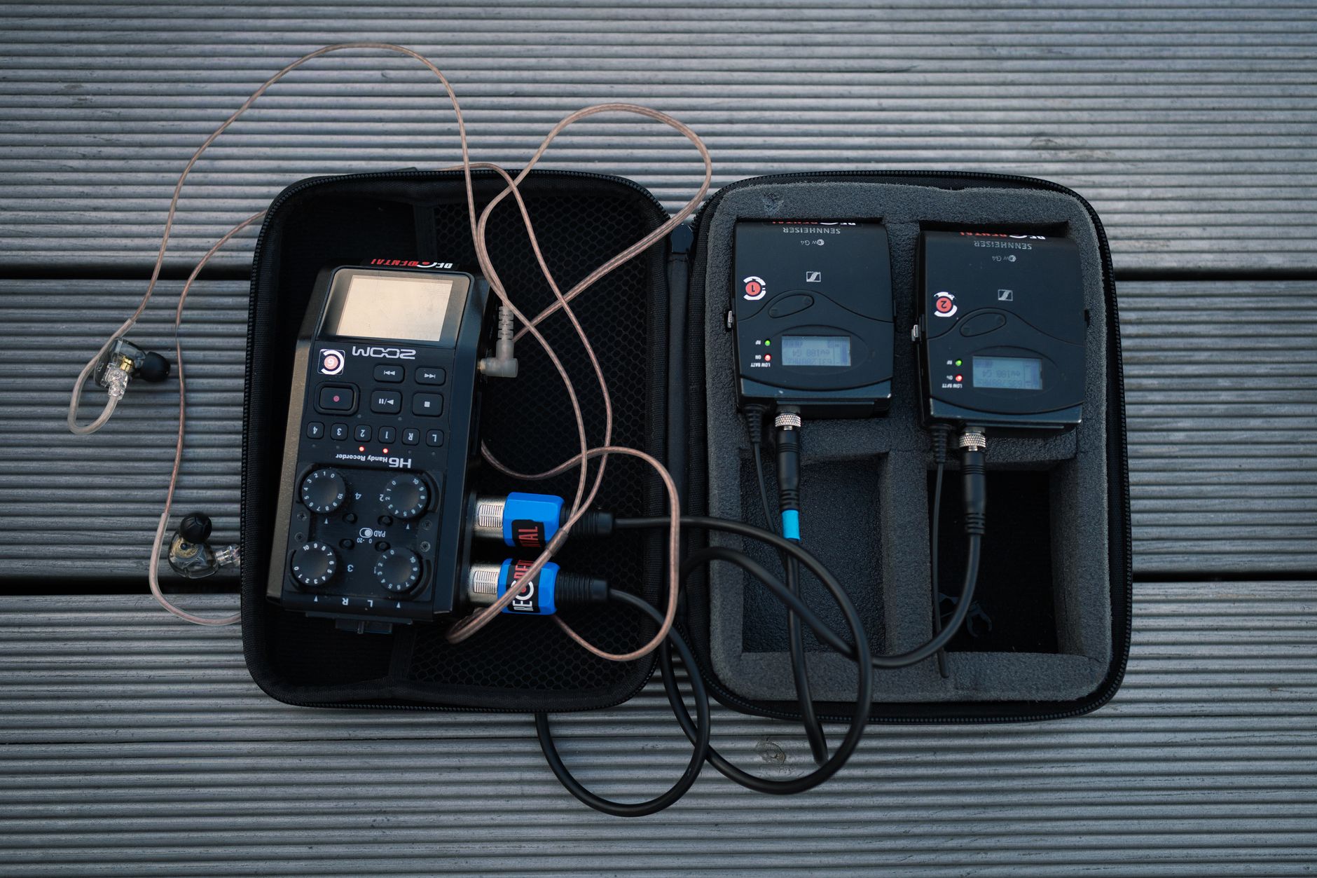Wireless Microphone Guide for Corporate and Private Events Audio recording gear, including a Zoom H6 recorder and wireless transmitters, displayed in a padded case.