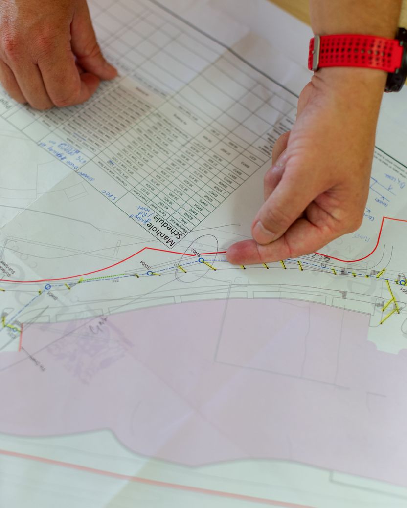Two hands over a large technical drawing on a table, one resting on a printed calculation table and one pointing at a red-marked alignment on a site plan.