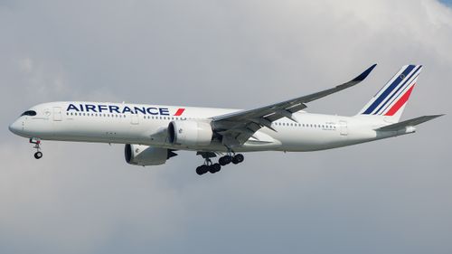 Free Air France Airbus A350 flying against a cloudy sky, showcasing its sleek design. Stock Photo