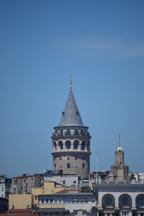 Free View of Galata Tower amidst Istanbul cityscape under clear blue sky. Stock Photo