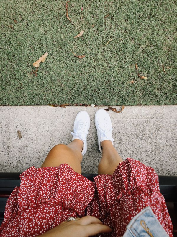 Printed dress, white sneakers
