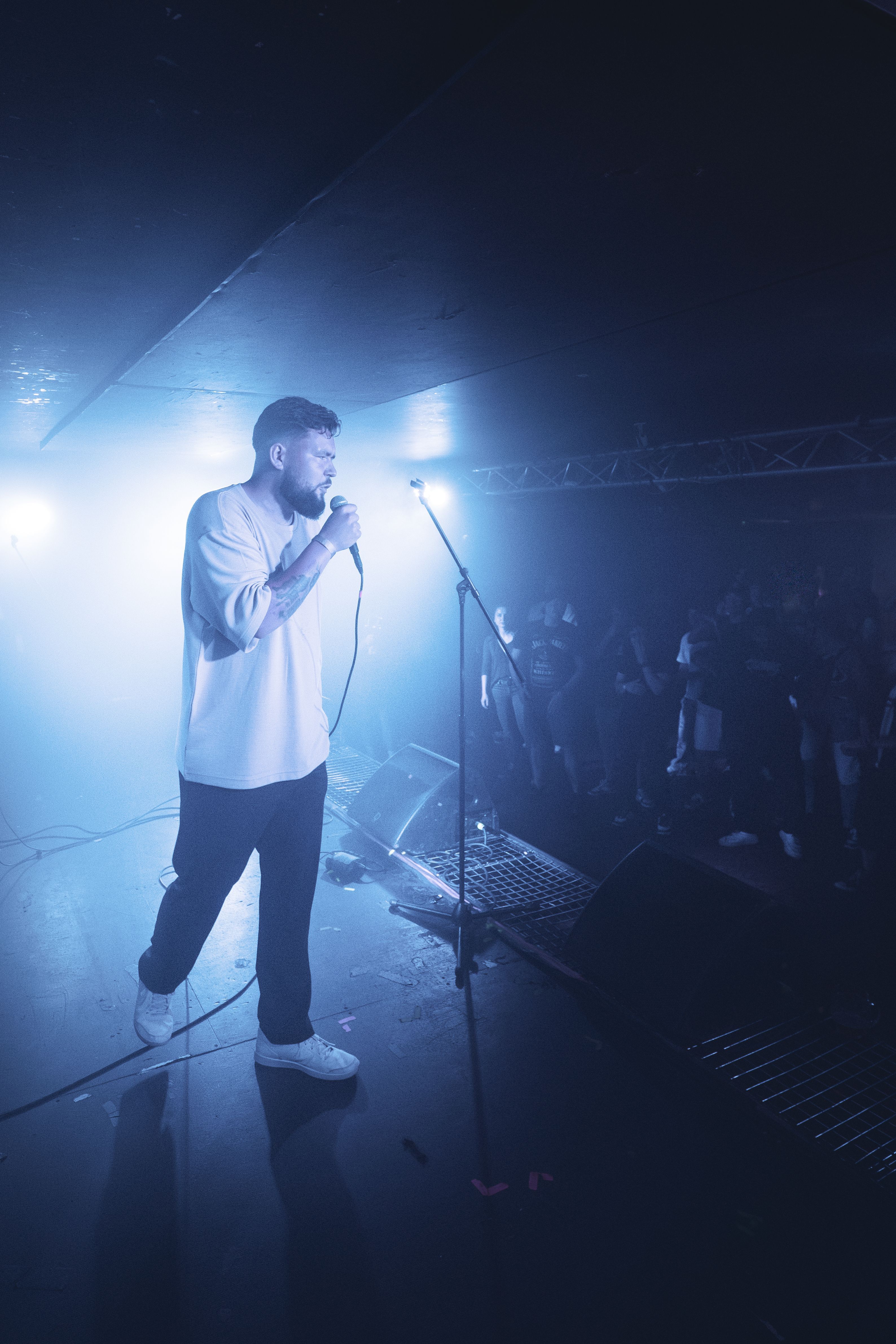 Live concert performance with a singer on stage in vibrant blue lighting.