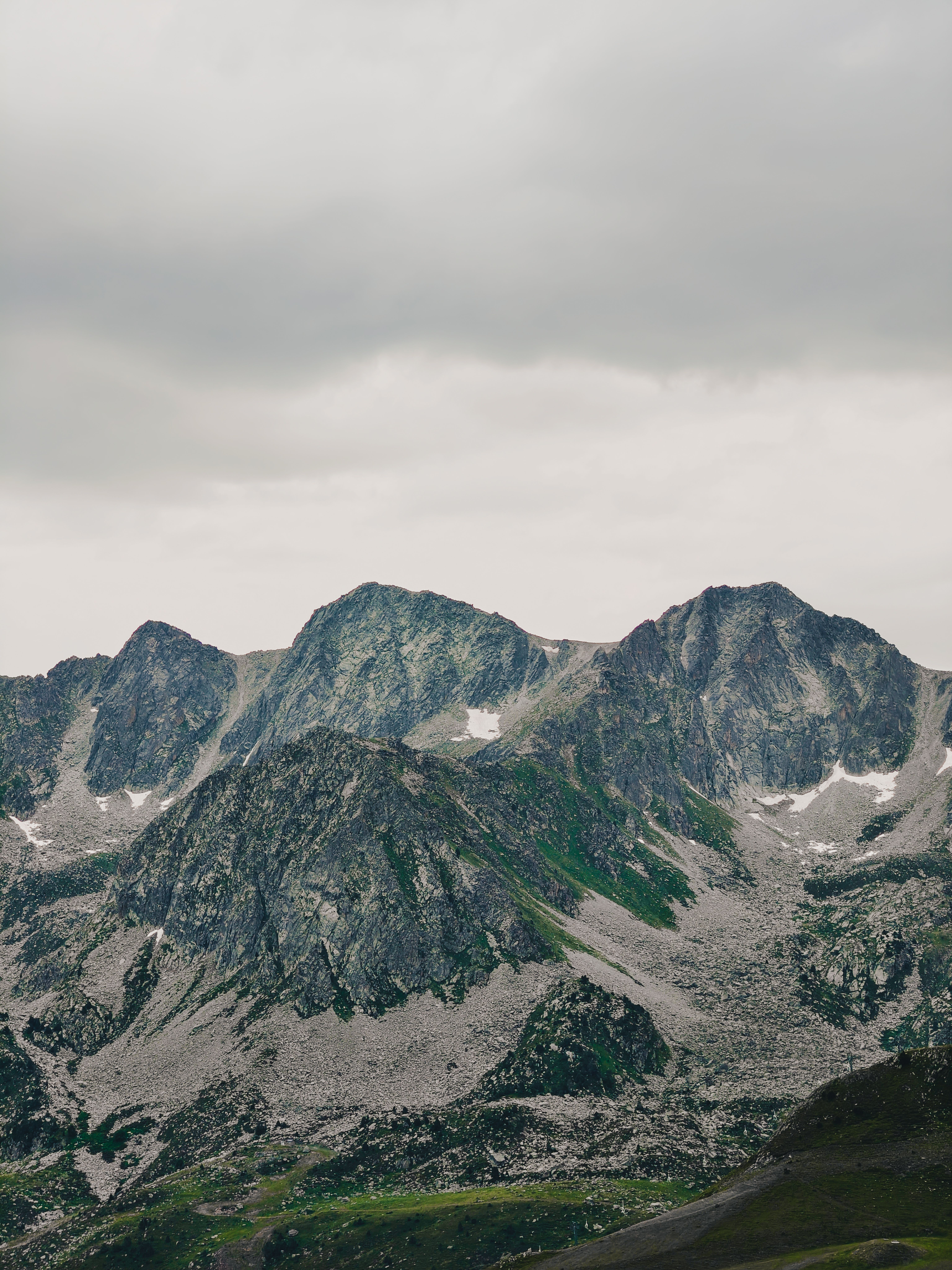Breathtaking view of rugged mountain peaks under a cloudy sky in Andorra la Vella.