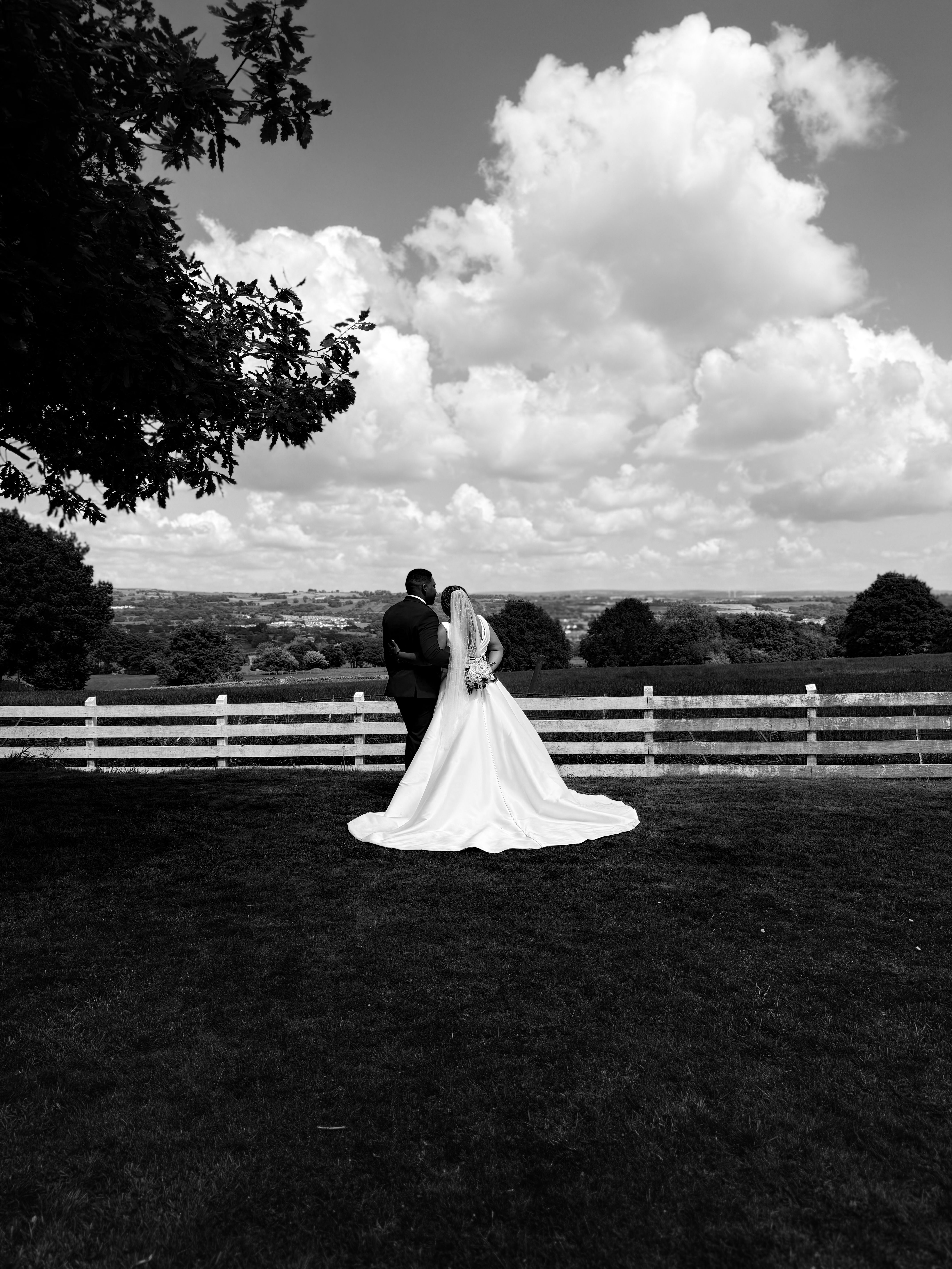 Elegant black and white portrait of a newlywed couple outdoors with a scenic countryside backdrop.